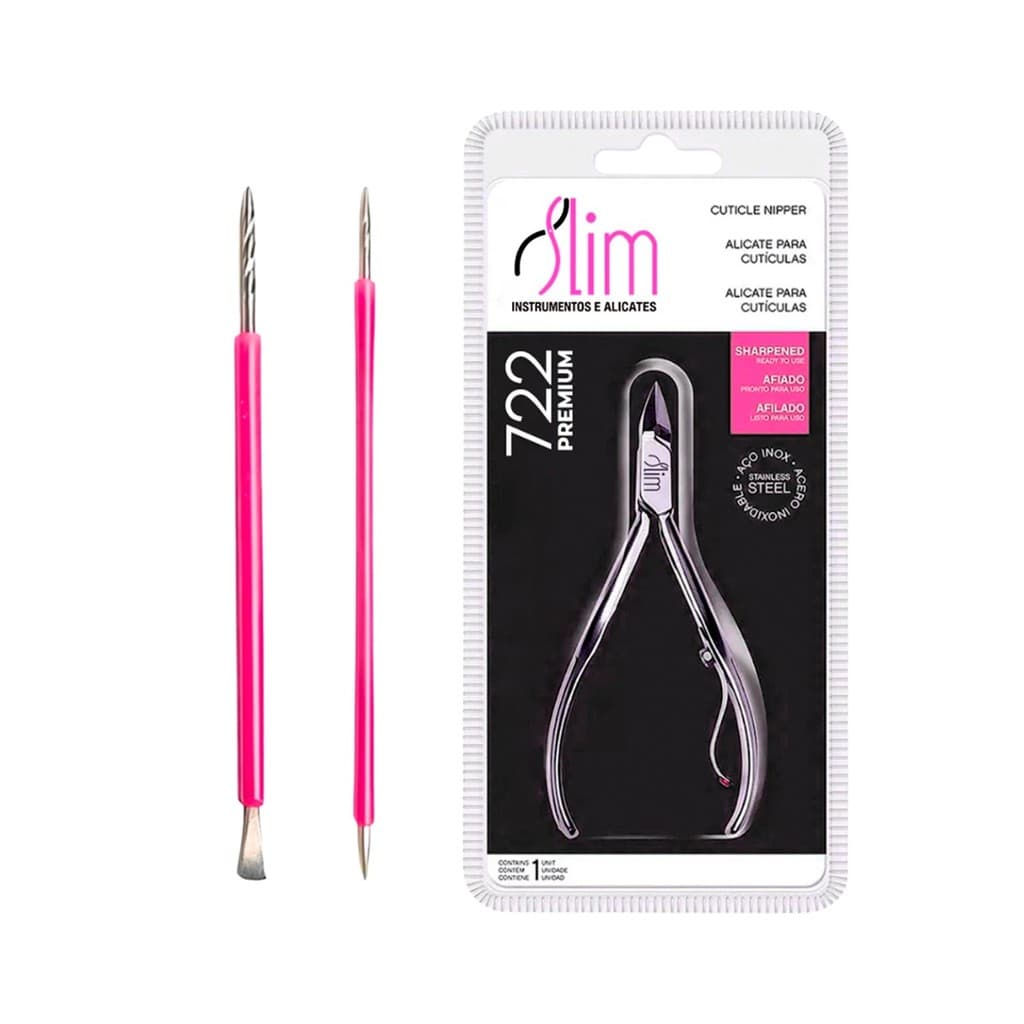 Kit Manicure Premium Alicate de Cutícula + Palito + Espátula Mista Aço Inox com Silicone Rosa