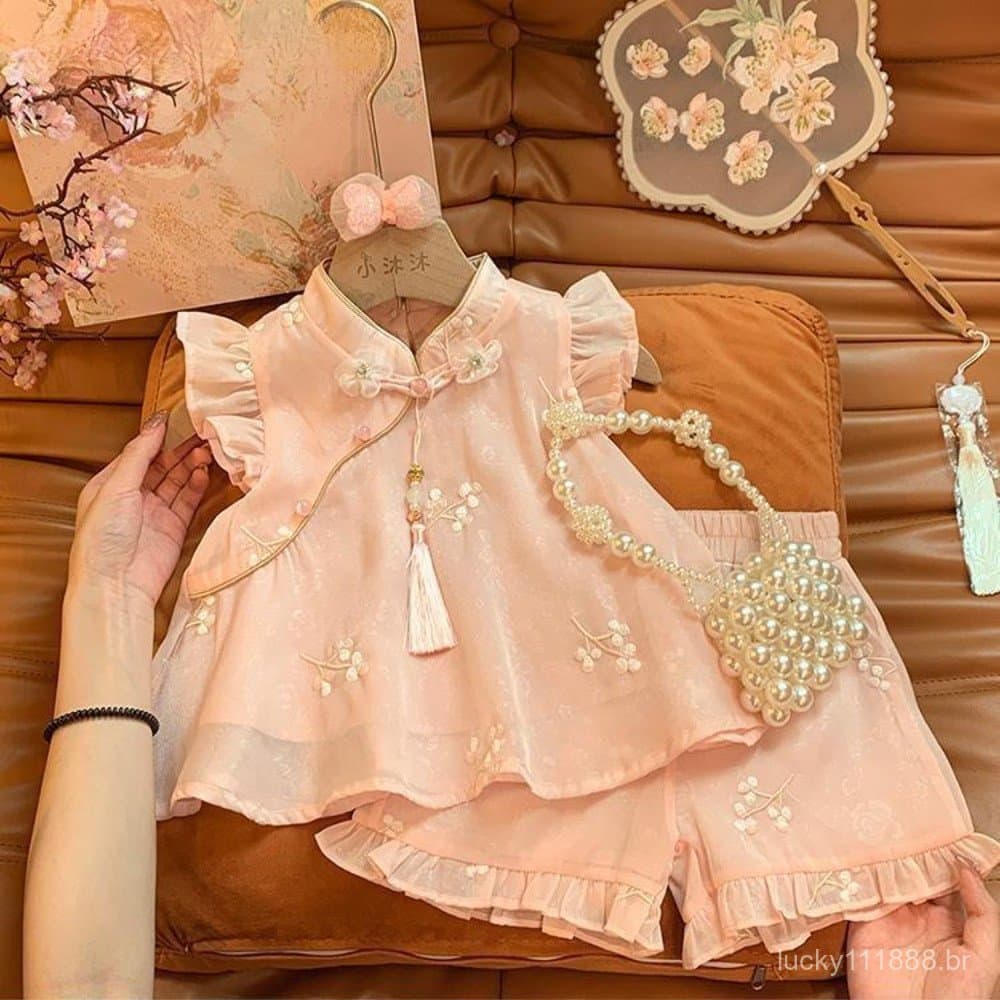 Líder Do Urso Summer Chinese Style Girls Suit Pink Flower Bordado Com Mosca De + Shorts Conjunto De Duas Peças Sweet Tas