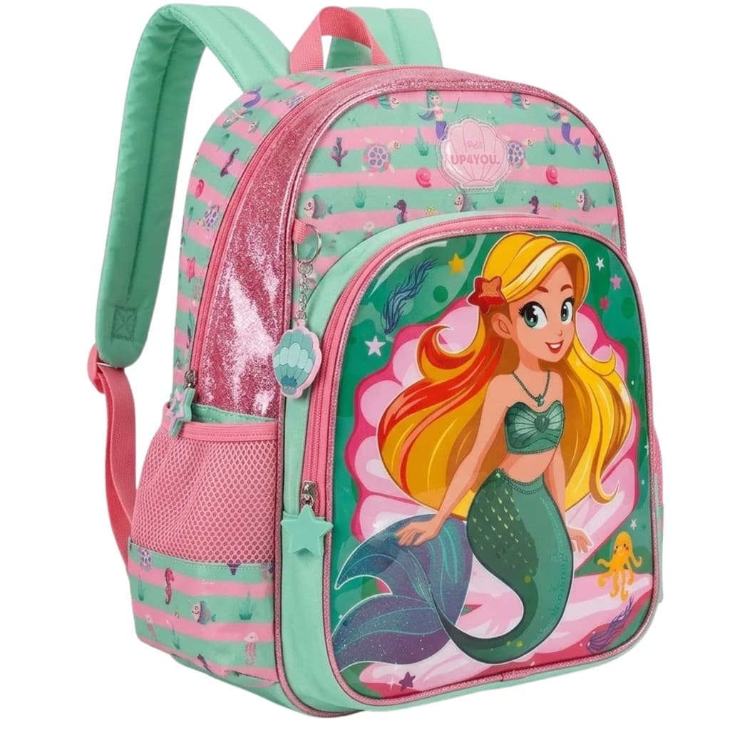 Mochila Costas Escolar Infantil Sereia Glitter Concha Luxcel