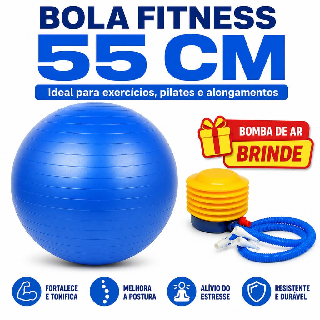Bola Fitness 55cm com Bomba de Ar Pilates Yoga Fisioterapia Alongamento Treino Funcional Academia