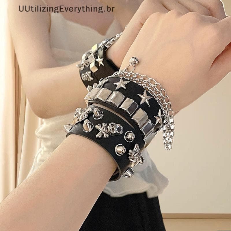 Pulseira De Caveira Gótica Punk UUTIL Com Pontas De Metal E Couro PU Para Mulheres/Homens