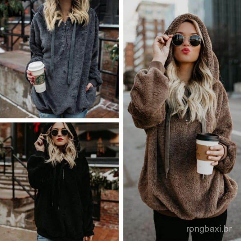 Cross-Border europeu americano outono inverno de pelúcia feminino manga comprida com capuz solto moletom de lã jaqueta e