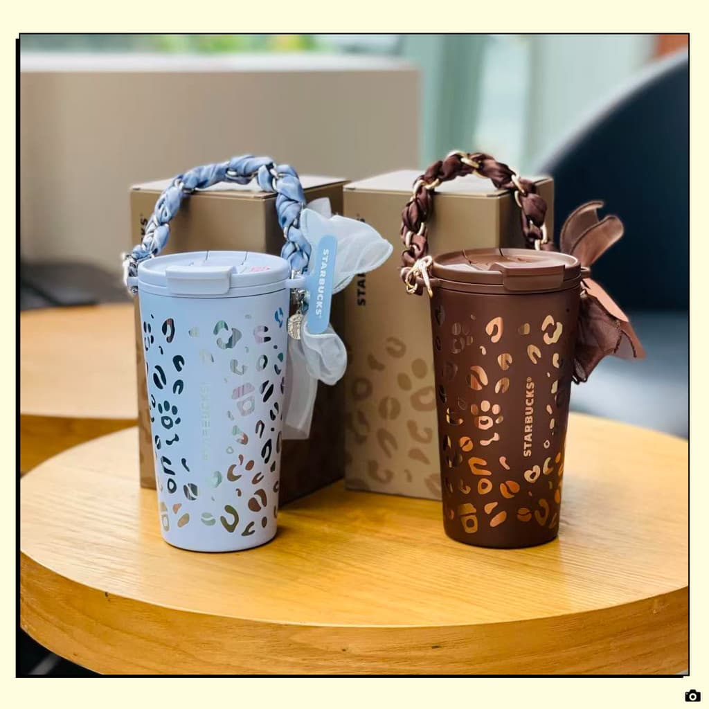 2026 Starbucks verão leopardo impressão café Tuning boca dupla beber copo de palha portátil de aço inoxidável com alça d