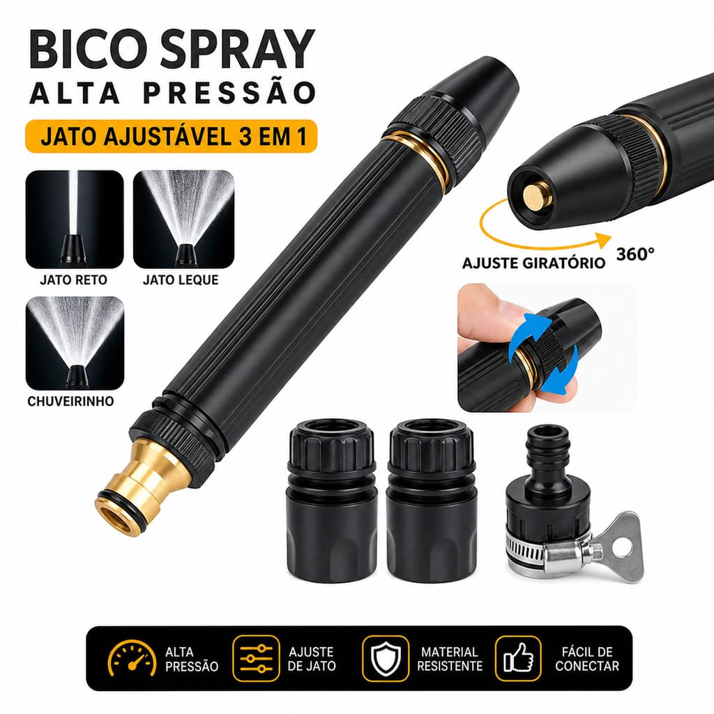 Esguicho Bocal De Mangueira Regar Jardim Pistola Spray Água Alta Pressão Bico Limpeza Ajustável