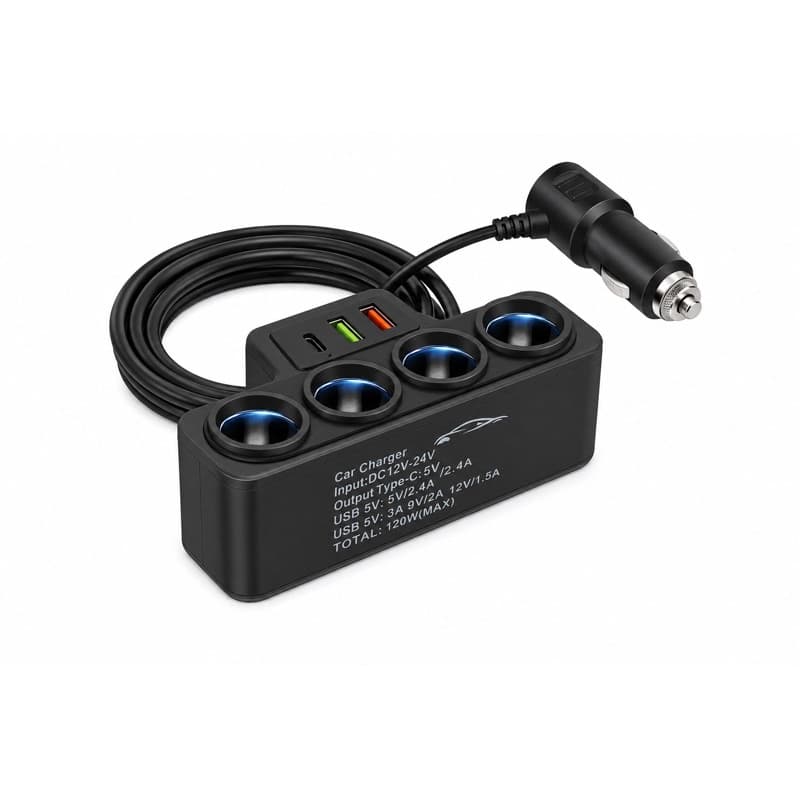 Carregador Veicular 4 em 1 KAPBOM KA-C206 120W, 4 Tomadas de Isqueiro, 2 USB + USB-C, 12V-24V