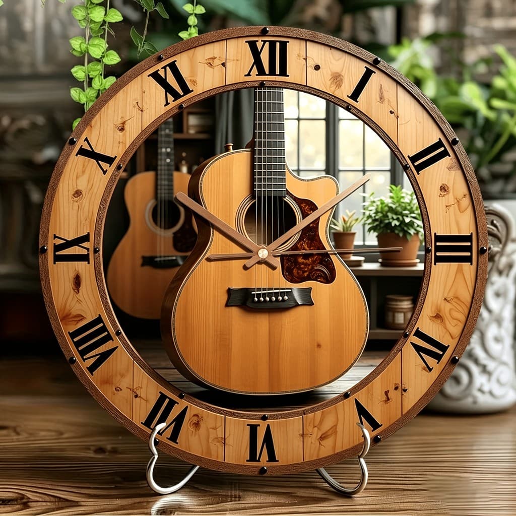 Relógio de Parede Silencioso de 12 Polegadas com Tema Musical, com Guitarra Acústica e Números Romanos - Movimento a Bat