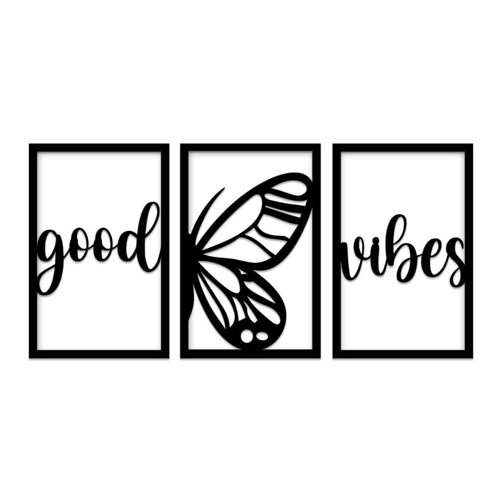Quadro Vazado Good Vibes Borboleta MDF Preto Ideal Para Sala e Escritório