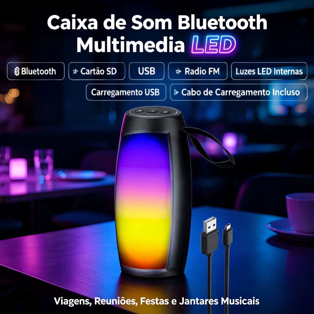 Caixa de Som Bluetooth Multimídia LED 5W RMS | Cartão SD Pen Drive FM USB | Portátil Festa Viagem Presente