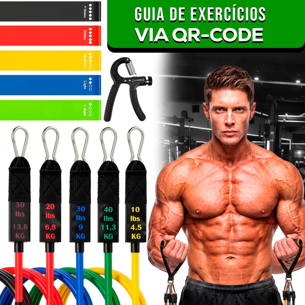 Kit Treino em Casa Completo Funcional Elastico Exercicio + 5 Elásticos Mini Bands + Hand Grip Extensor de Punho Dedos