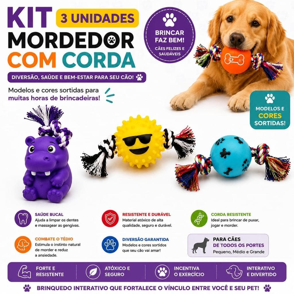 Kit 3 Brinquedos Pet Mordedor Liso com Corda Sortidos para Cães - Resistente, Ideal para Cães Pequenos e Médios