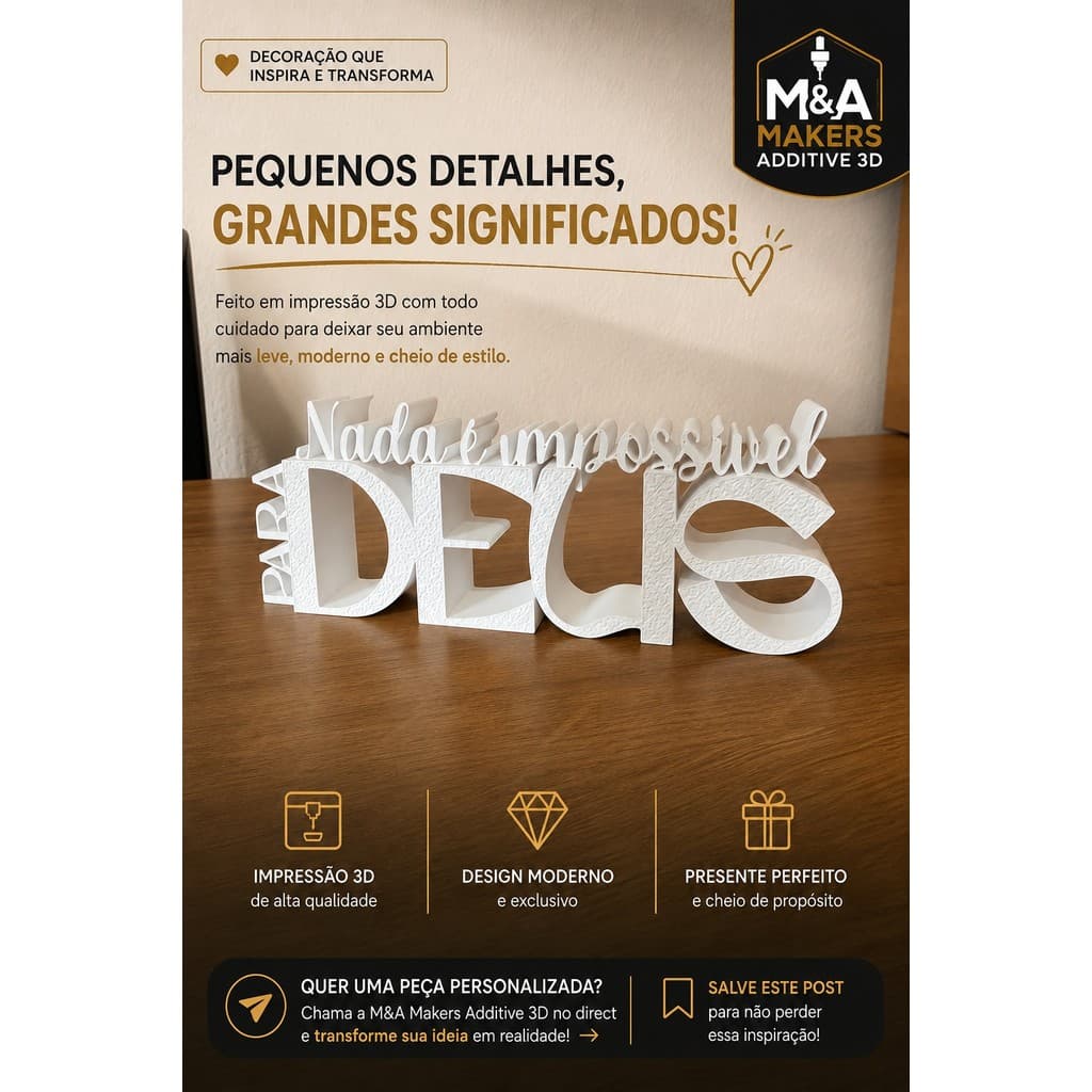 Letreiro Decorativo “Para Deus nada é Impossivel” | Frase Bíblica em 3D | Decoração Moderna Decoração para ambientes
