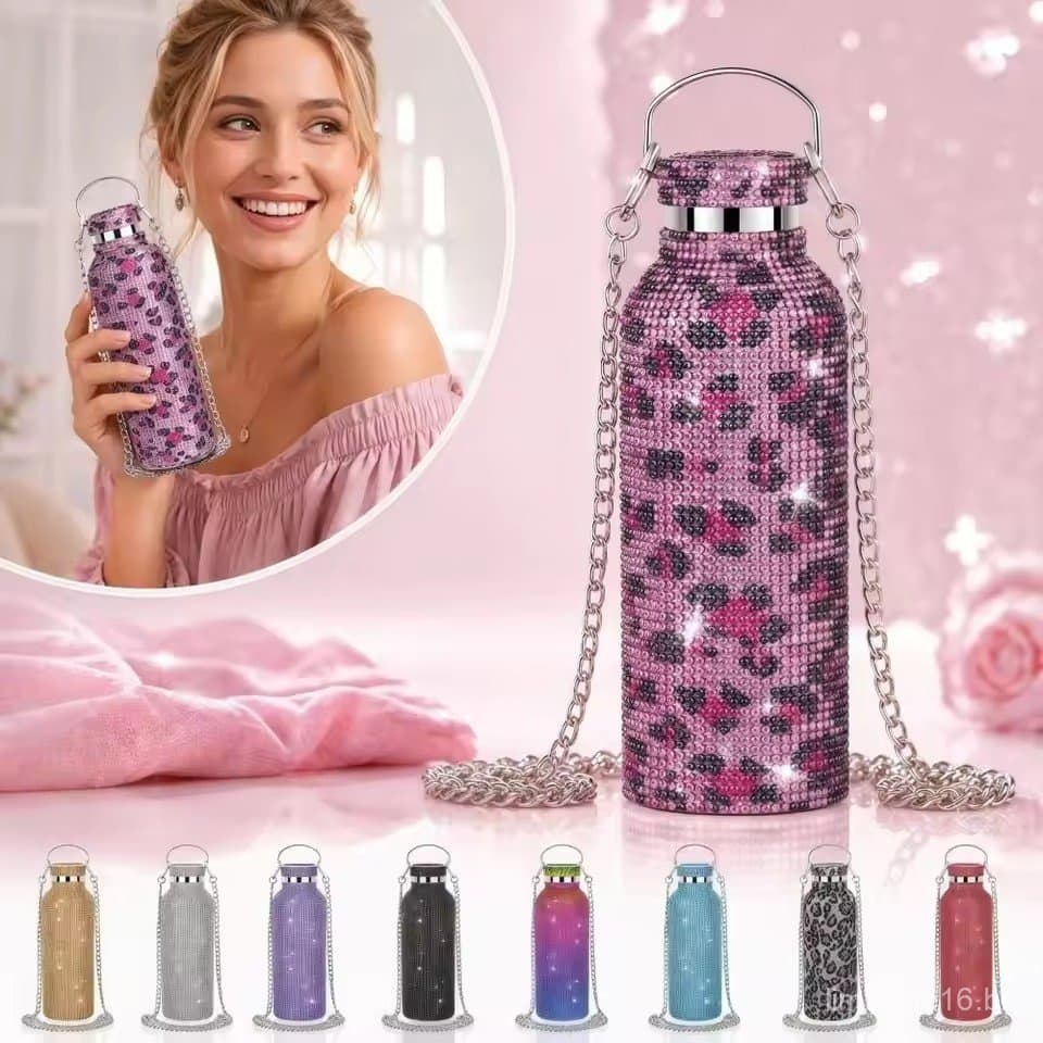 Copo Térmico Inox 500ML com Strass Brilhante, Copo Vacuum Leve Portátil com Corrente Removível e Detalhes Diamantados