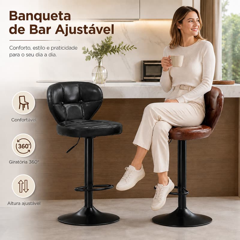 Banqueta Giratória Ajustável PU, Altura Regulável, Encosto Ergonômico, Base Metálica Para Home Office e Cozinha