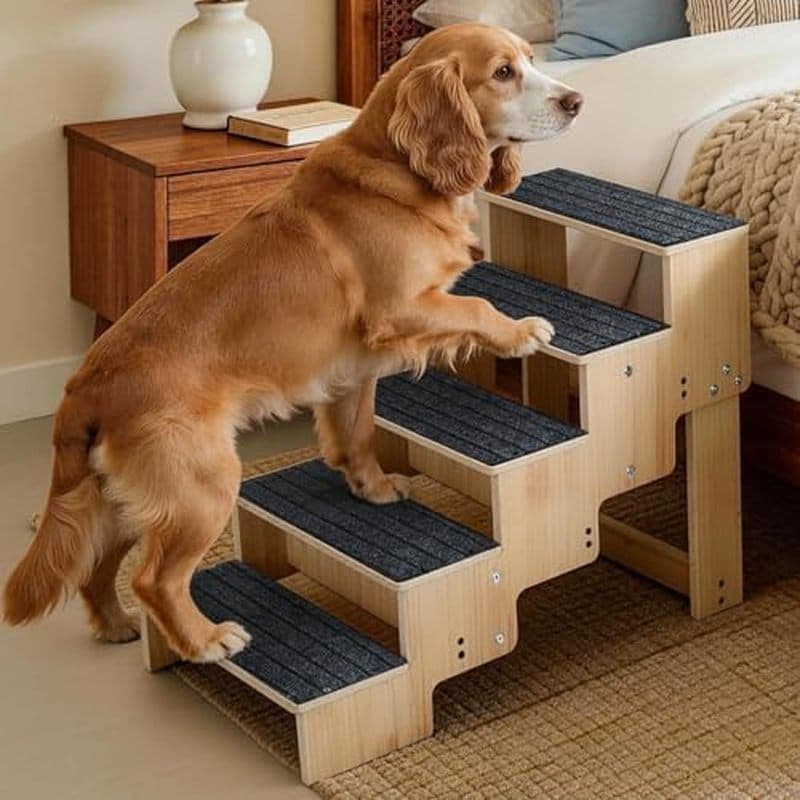 Degraus De Madeira Para Cães De 4 Etapas Cama , Escadas Antiderrapantes Com Almofadas De Carpete , Rampa Animais De Esti
