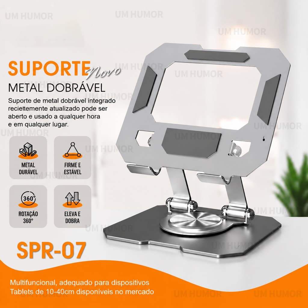 Suporte Tablet iPad Totalmente Alumínio de Mesa Base Rotatória Ajustável Dobrável 360º Para Tablets Mac