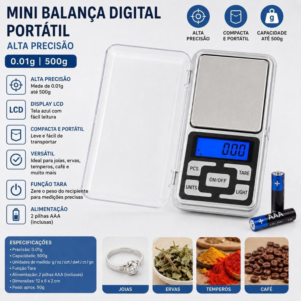 ⚖️ Balança Digital de Bolso 500g/0,1g Alta Precisão | 5 Unidades Portátil Auto Off