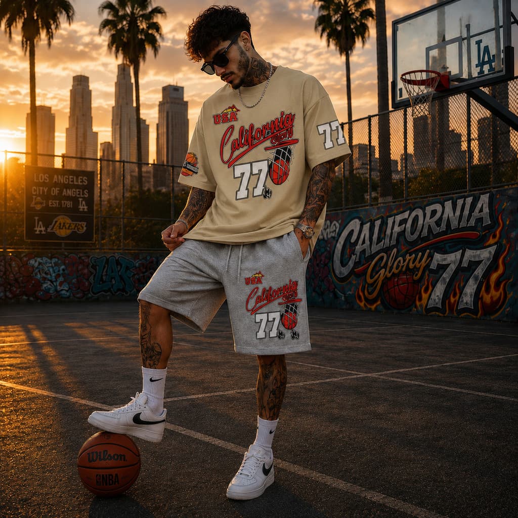 Conjunto Camisa Masculina e Bermuda Moletom California 77 Roupa Masculina Streetwear Y2K Casual