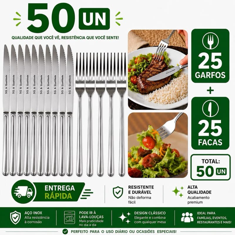 Jogo Inox 50 Talheres 25 Garfos 25 Facas Faqueiro de Mesa Restaurantes Bar Hotel  Evento EscolaUtilidades Premium
