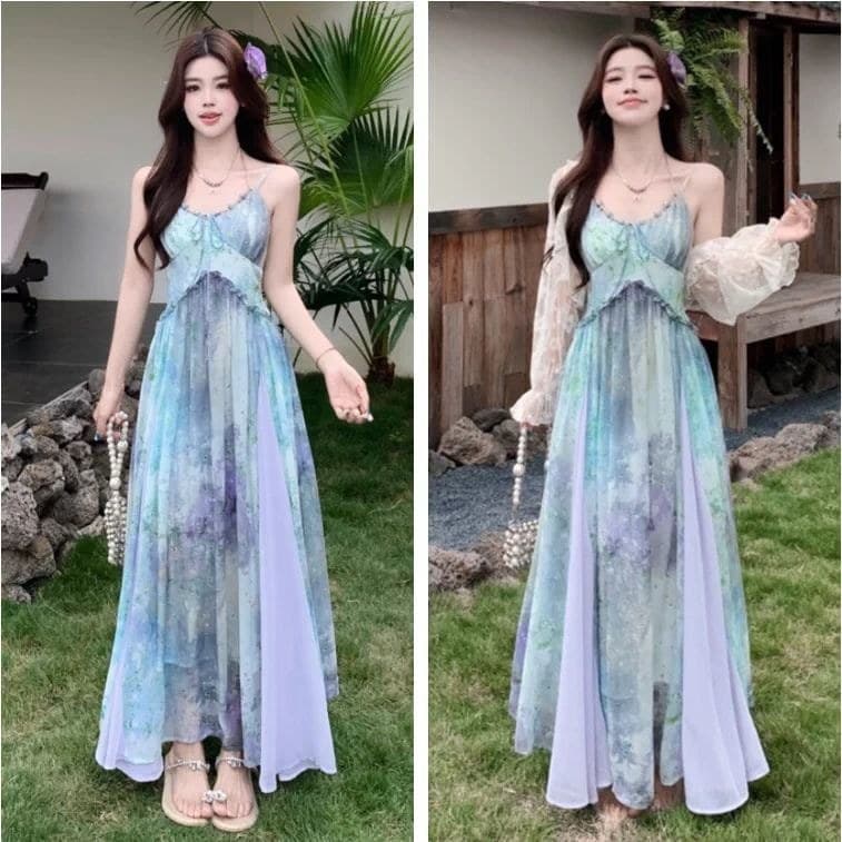 Tamanho grande estilo férias estilo fada pintura a óleo vestido feminino gordura mm mais magro olhar estilingue saia lon