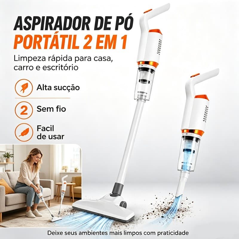 Aspirador de Pó Doméstico 2 em 1 Sem Fio Limpeza Sucção USB Janoclick
