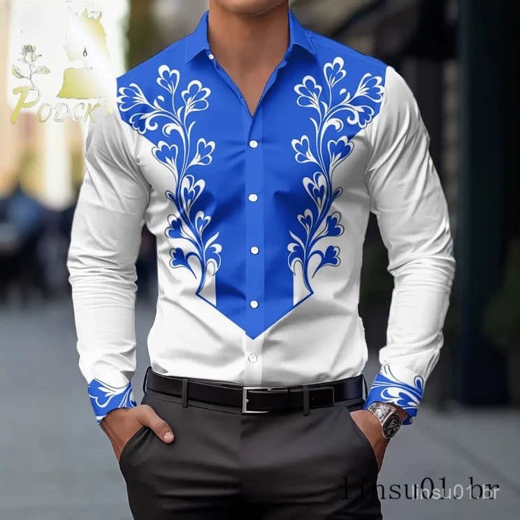 Europeu americano Retro estilo étnico camisa de manga comprida masculina azul branco contraste cor Floral Digital impres