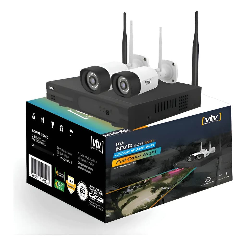 Kit Nvr Wi-fi 8 Canais Preto + 2 Câmeras Ip Wi-fi Vtv-039