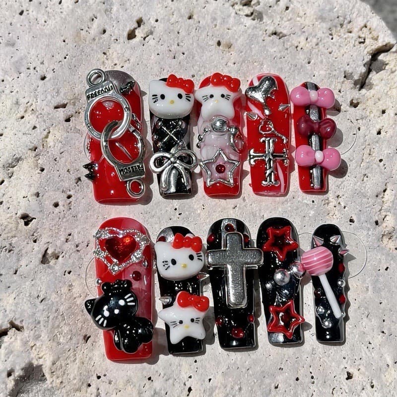 Y2K Preto Vermelho Quente Menina Kitty Imprensa Em Unhas Artesanal Tubo Quadrado Arco Cruz Estrela Bonito Falsas