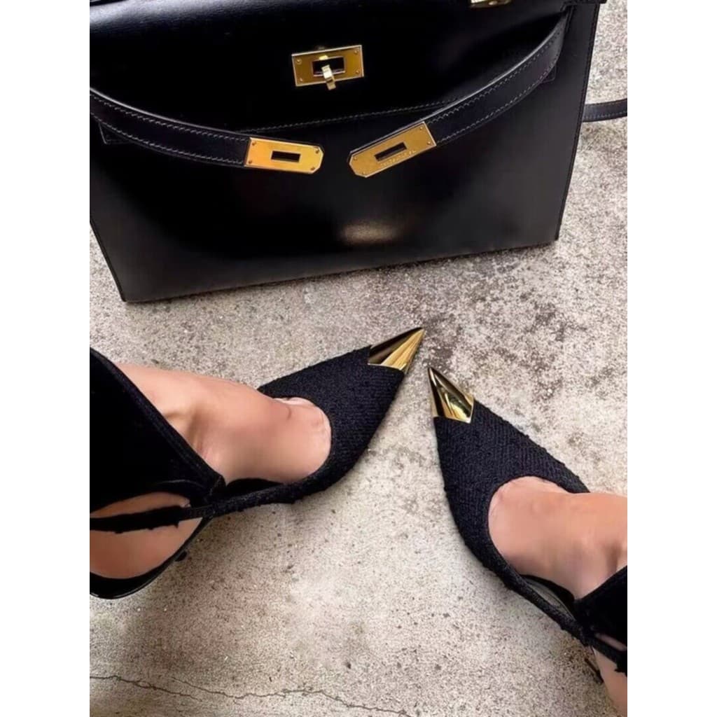 Lã preto salto alto feminino 2025 novo estilo nicho elegante Stiletto Metal apontou Toe sandálias sapatos franceses