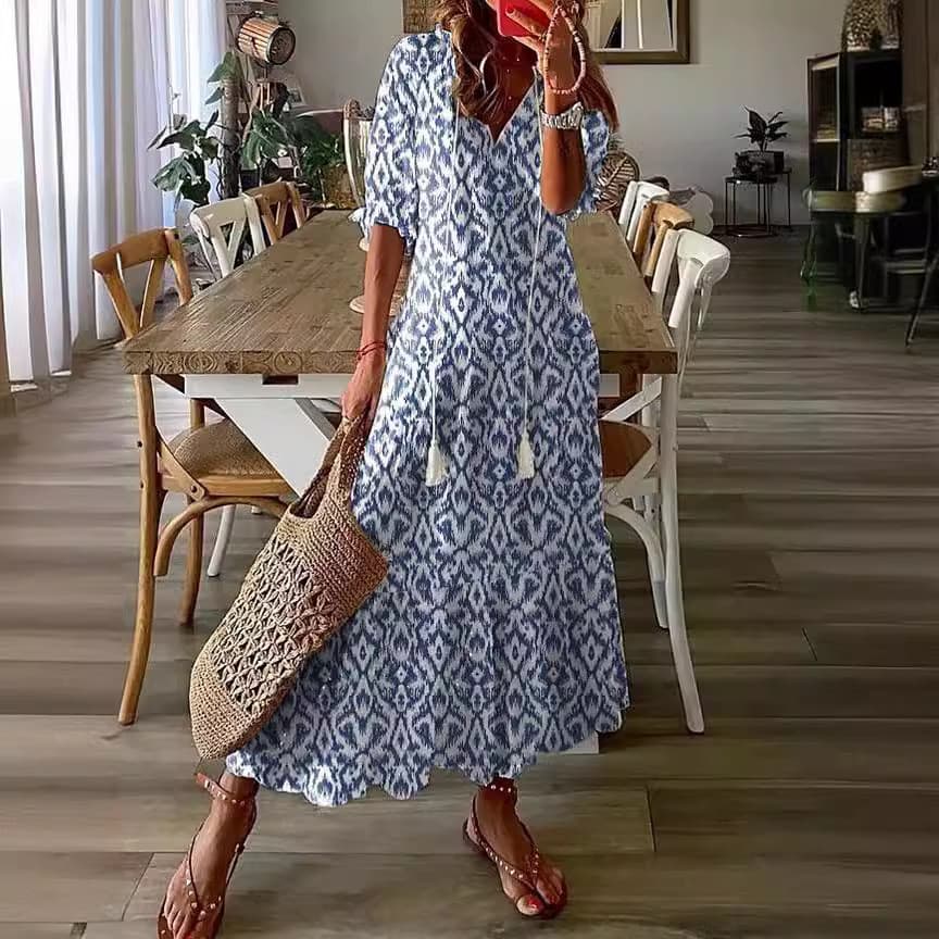 2026 Cross-Border venda quente Casual doce solto com decote em V impresso estilingue manga média vestido longo feminino