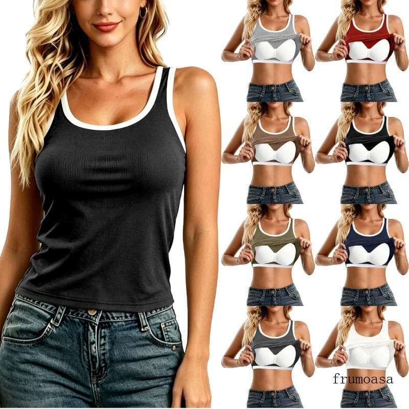 Fru Feminino Decote U Modelador Sutiã Embutido Elástico Mangas Ajuste Camisola Blusa Treino