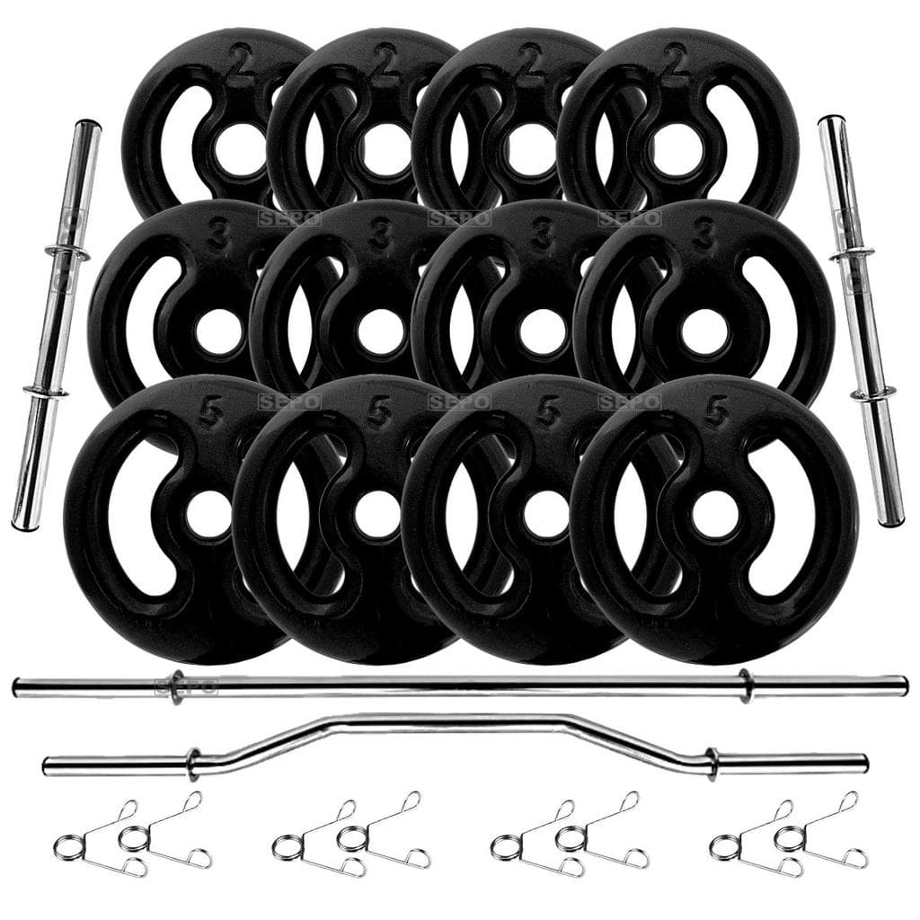Kit 40Kg Anilhas Emborrachadas Pretas com Barras de 40cm e 1,60m + Barra W 1,20m