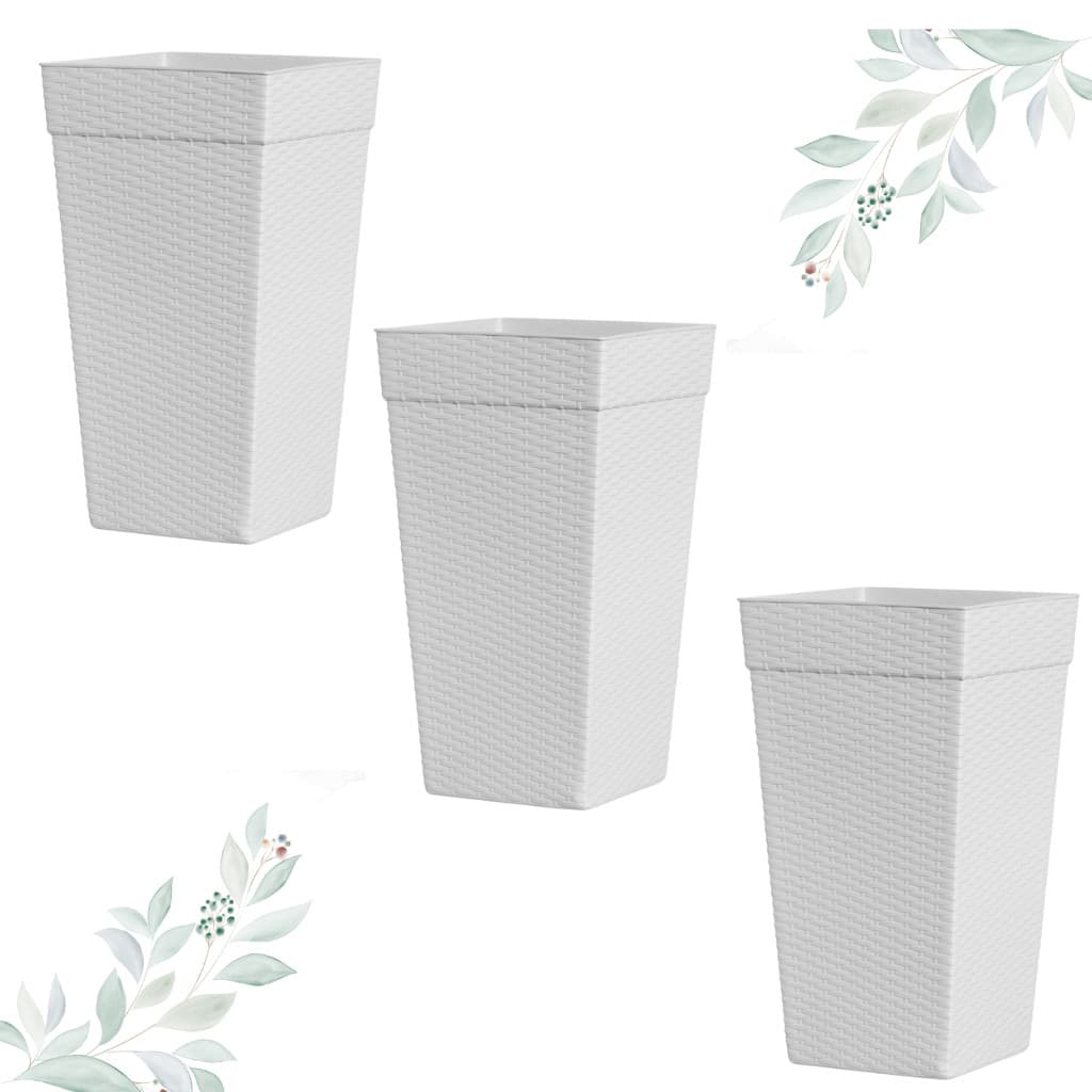 Kit 3 Vasos Grande Quadrado Rattan Para Flores e Plantas 10 Litros - Branco