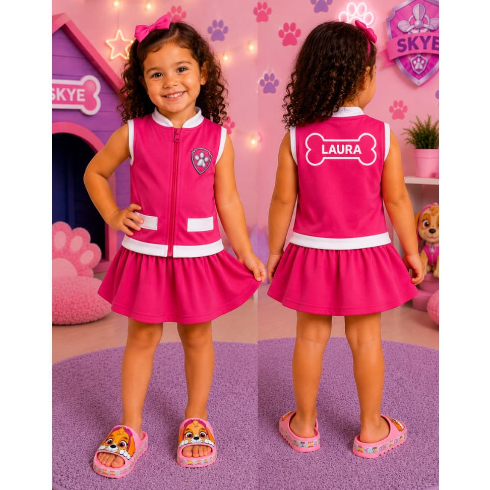 Kit Fantasia Infantil Skye Personalizado + Chinelo Slide Roupa Conjunto C/Nome Sapato Leve e Confortável Menina