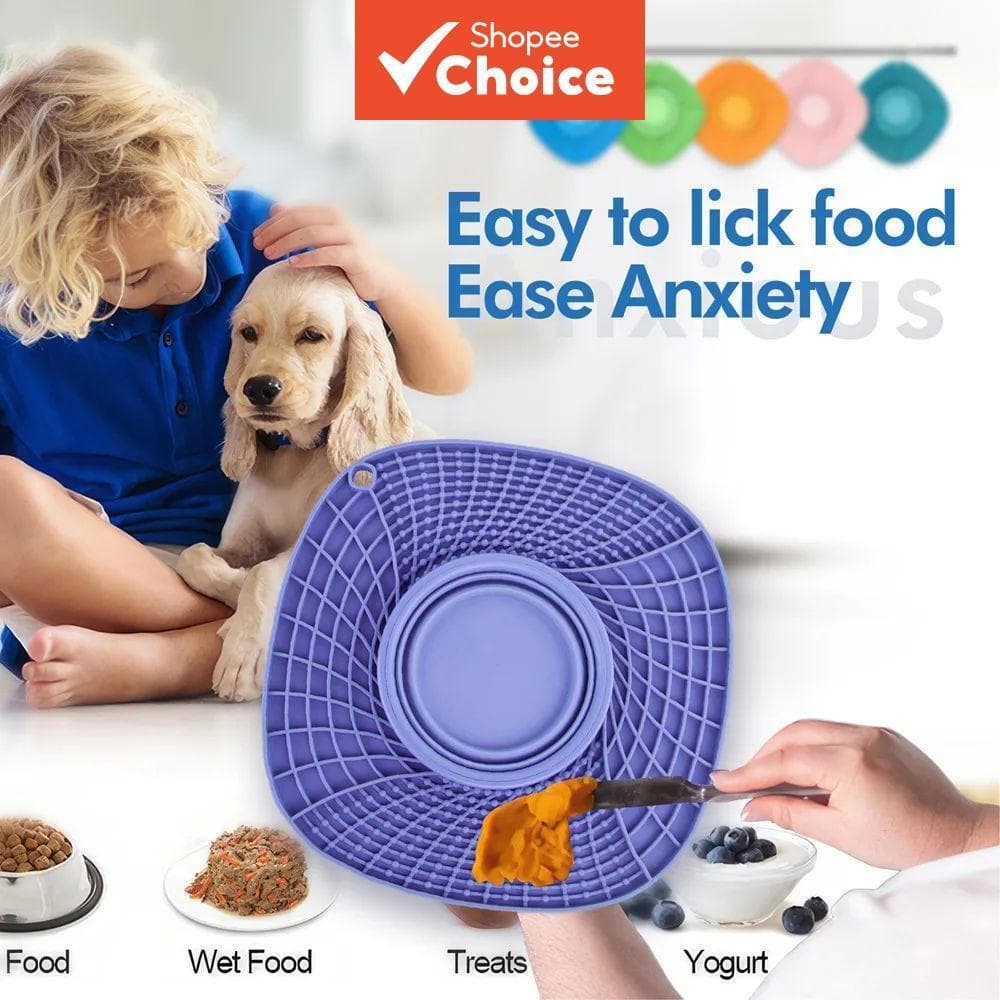 Tapete lambedor multifuncional para animais de estimação; comedouro lento em silicone dobrável com ventosa,