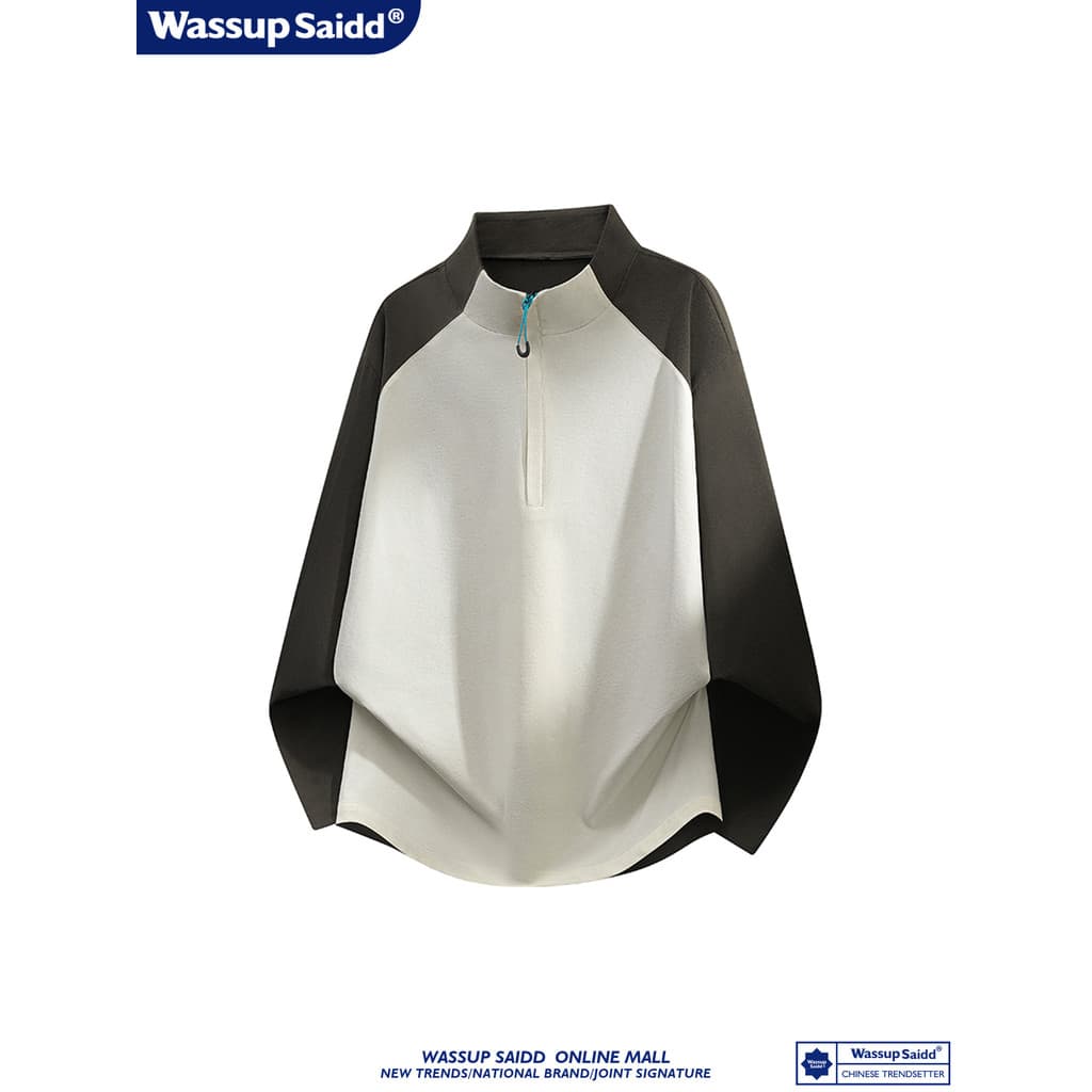 WASSUP SAIDD Americano Novo Estilo Primavera Outono Contraste Cor Meio Zíper Camiseta de Manga Comprida Masculina Solta