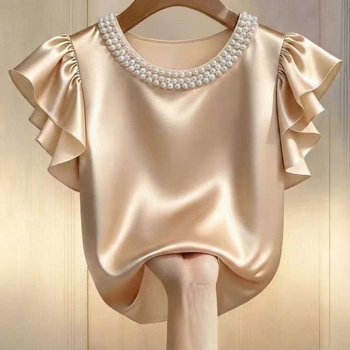 Camisa Feminina de Cetim de Verão, Nova, com Gola de Pérolas, Design Sólido, Casual, Tamanho Grande, Decote Redondo, Man