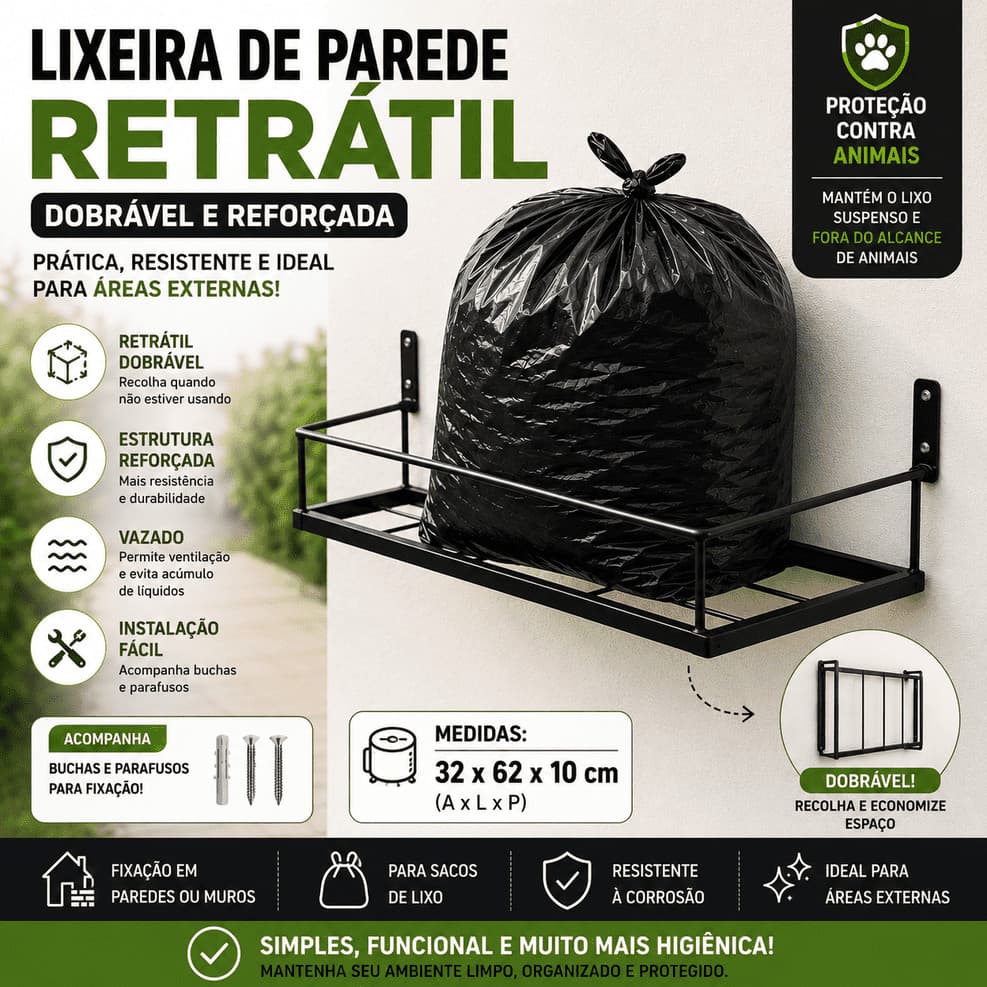 Lixeira de Parede Dobrável Retrátil para Muro Quintal Cesto Suporte para Saco de Lixo Resistente Ferro