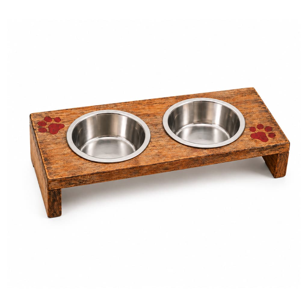 Comedouro Duplo Madeira Pinus para Gato e Cães Pequeno Porte - 2 Potes Agua e Ração