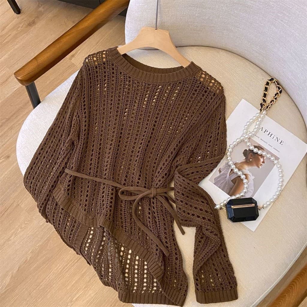 Camiseta de malha oca Irregular feminina verão Design sentido rendas cintura estreita protetor solar camisa exterior ar