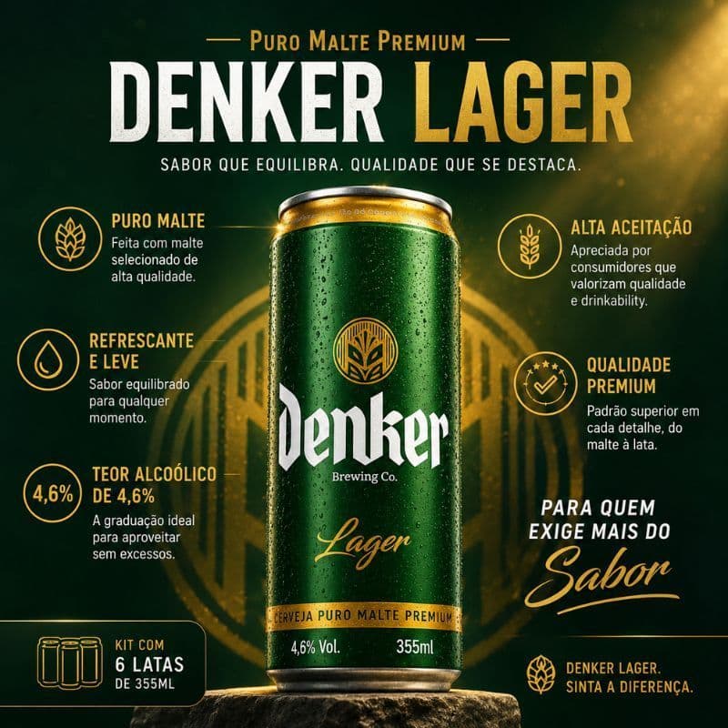 Cerveja Denker Puro Malte KIT 12 - 355ml Lager Premium Leve Refrescante Sabor Equilibrado