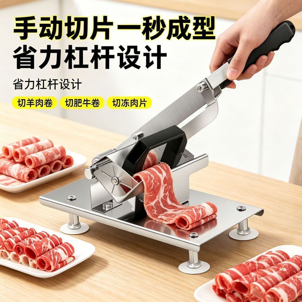 Fatiador de carne fresca, corpo de aço inoxidável, espessura ajustável, rolo de cordeiro, fatiador pequeno de carne domé
