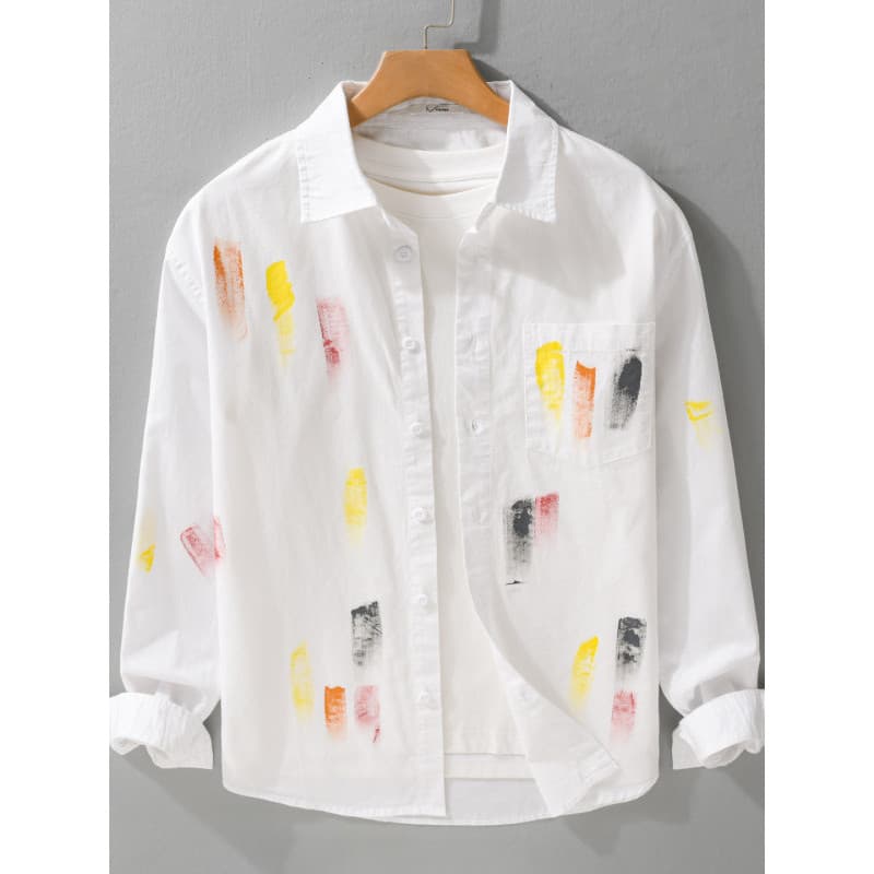 Camisa masculina de manga comprida de algodão puro outono Graffiti impresso camisa branca masculina primavera outono wea