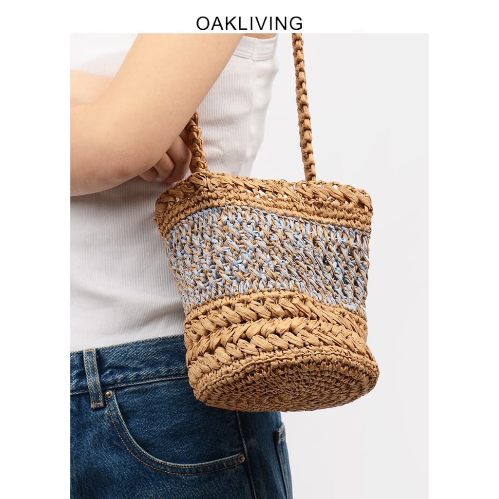 Oakliviing Bolsa balde de palha francesa retrô oca portátil bolsa de ombro férias praia bolsa de armazenamento para celu