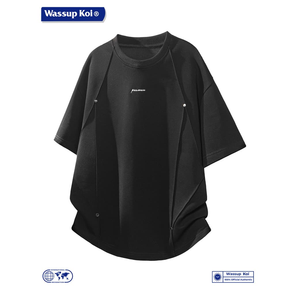 WASSUP KOI Desconstrução Rebite Camiseta de manga curta masculina verão Street Wear americano bordado Top solto meio-