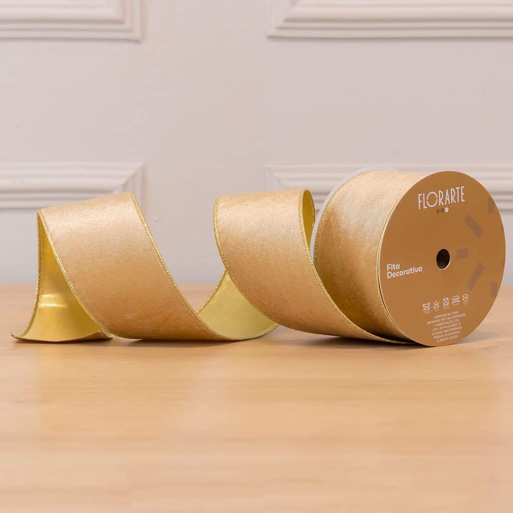 Fita Veludo Dupla Face com Costura Bege e Dourado 6,3cm x 9,14m - Florarte