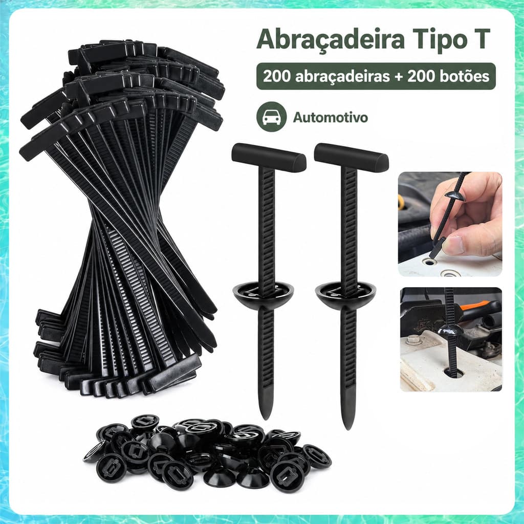 200 Peças Presilhas Tipo T Universais 9cm, Abraçadeiras Plásticas para Fixação de Parachoque, Paralama e Carenagem