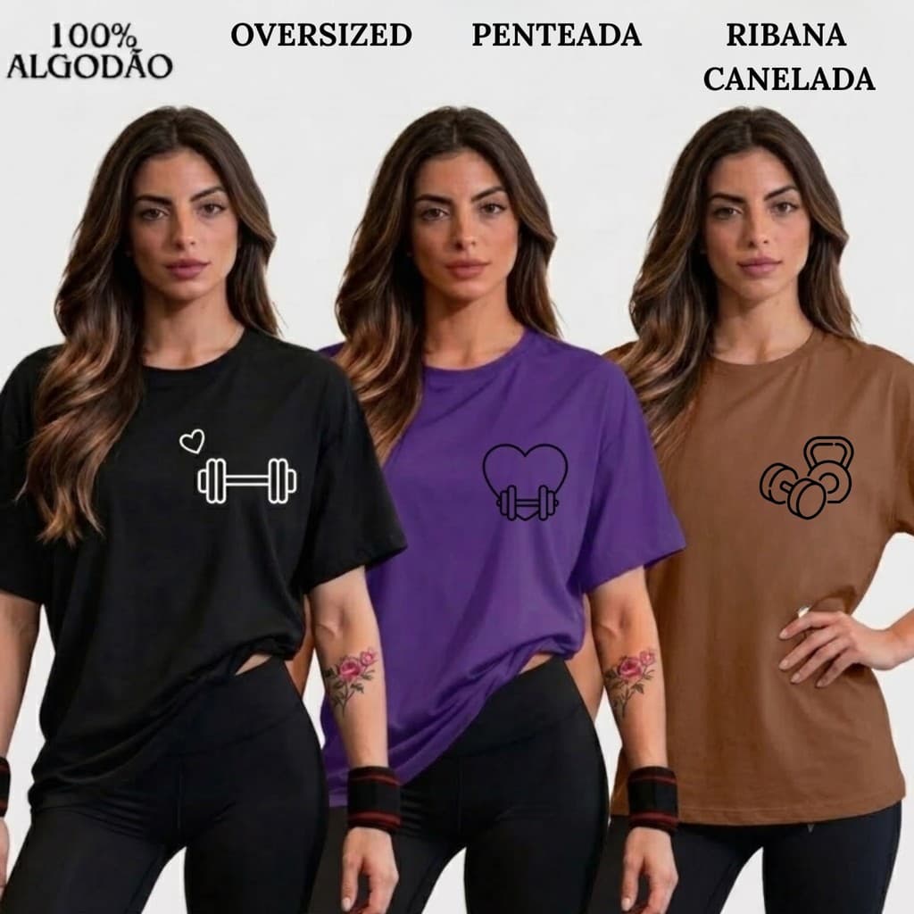 ​Kit 3 Camiseta Oversized Feminina 100% Algodão Penteado Gola Canelada Premium Blusa Camisa T-Shirt Swag