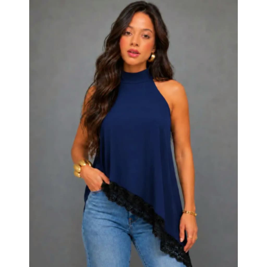 Blusinha Feminina Amarração Assimétrica Com Renda Costa Nuas