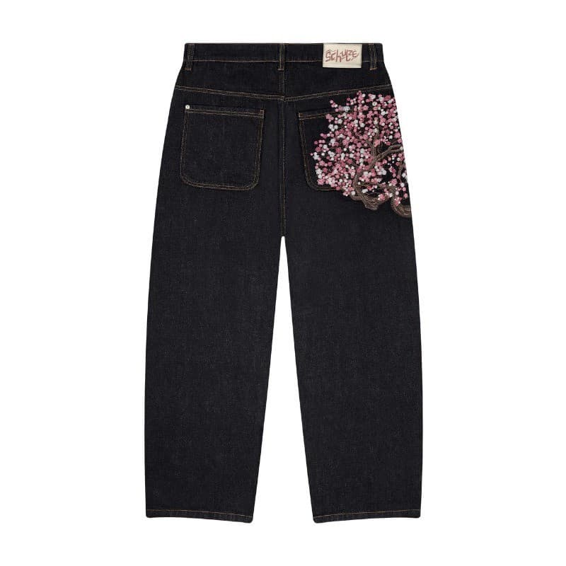 Vintage Flor De Ameixa Bordado Perna Reta Unisex Estilo Rua Y2k Jeans Casual Uso Diário Calças Para Homens