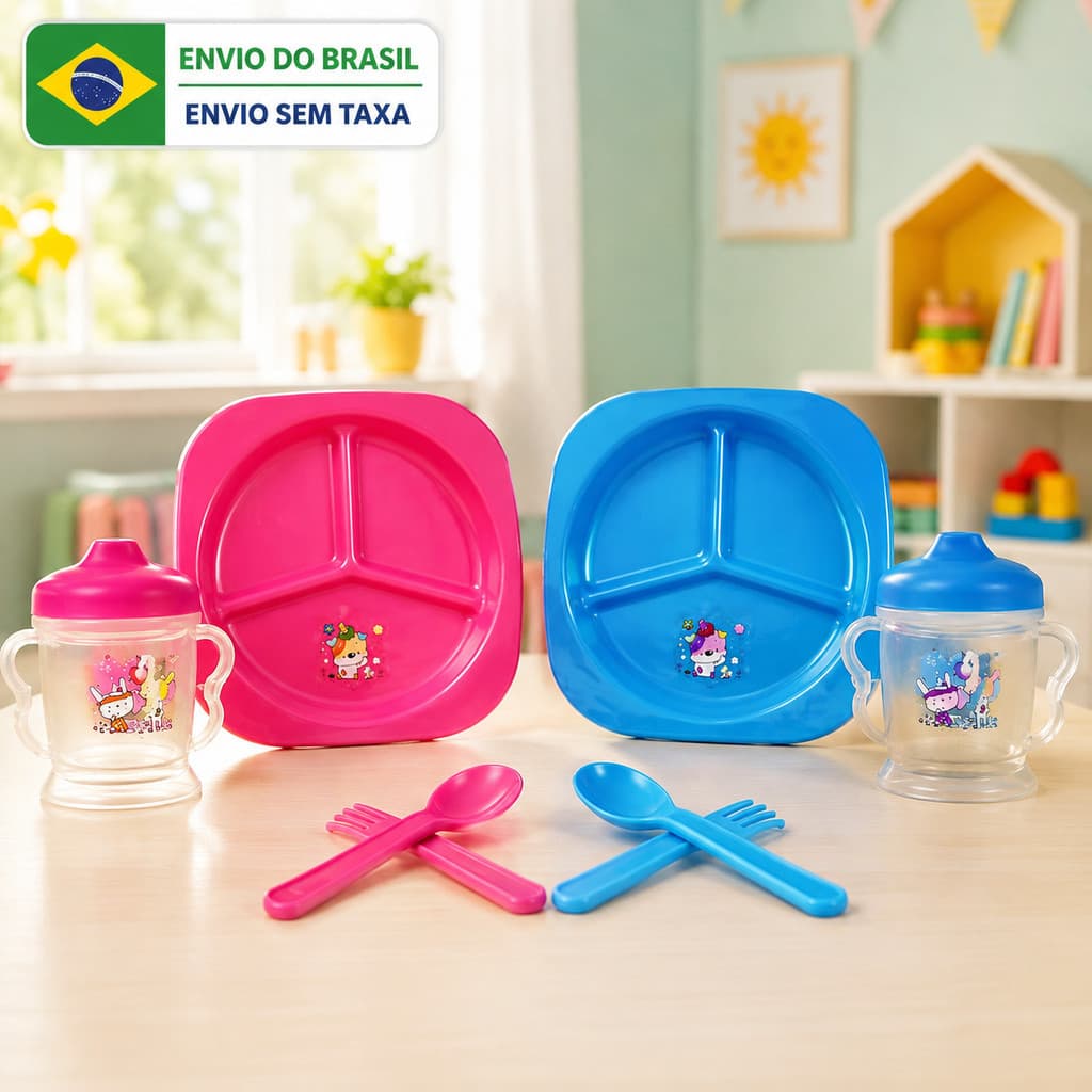 Kit Refeição Infantil 4  Peças com Prato, Tigela, Copo e Talheres de Plástico